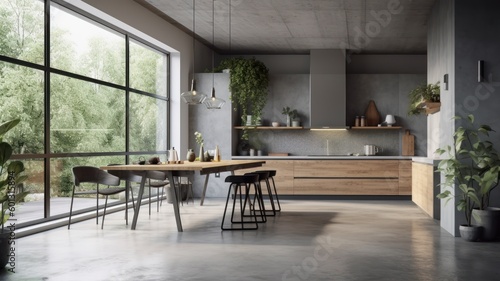 Spacious comfortable kitchen in white  gray and beige with large floor to ceiling windows. Dining table and chairs in the center. Modern kitchen style minimalism and loft. Generative AI