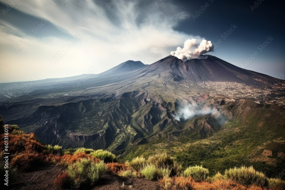 Obraz premium A dramatic shot of Mount Etna, the active volcano in Sicily, with its stunning landscape and unique beauty. Generative Ai