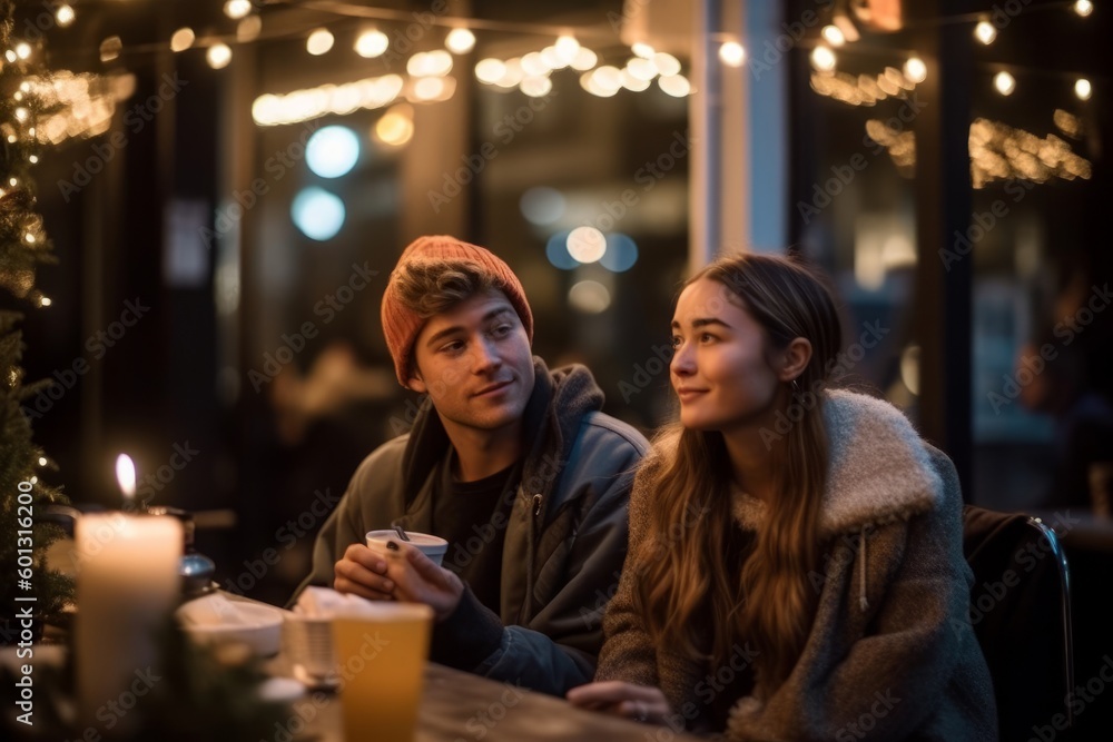 A laid-back couple, sitting under string lights eating avocado toast and smoothies. Concept nostalgic, grammable millennial moment. Generative AI