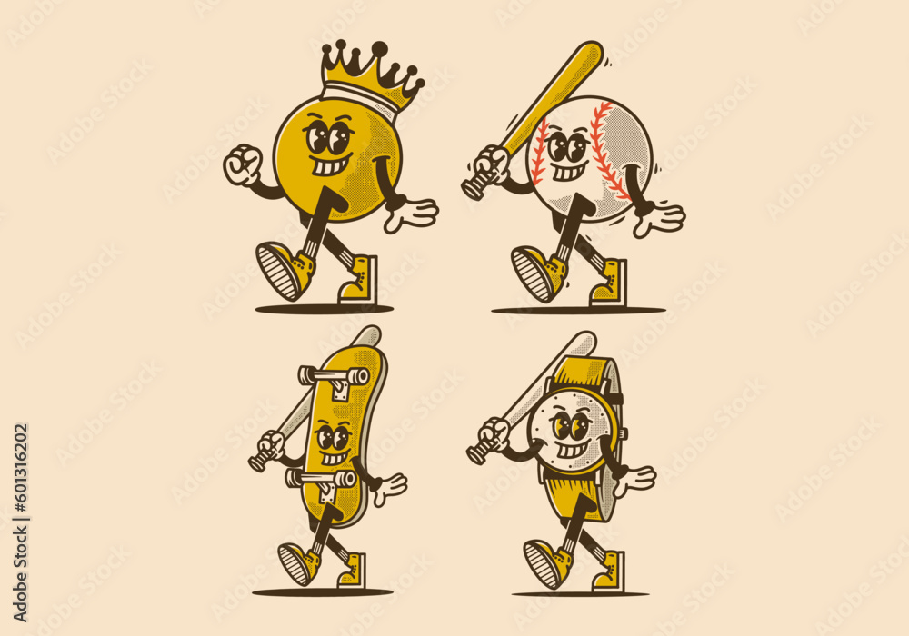 some mascot characters of ball head, baseball ball, skate board and watch some mascot characters of ball head, baseball ball, skate board and watch