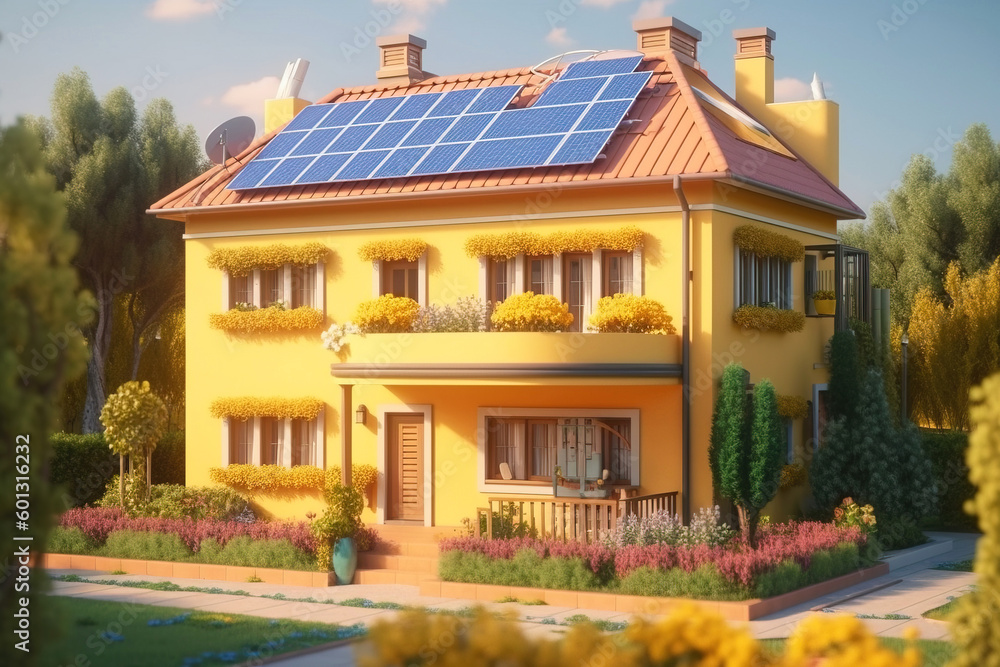 Modern yellow house with a garden and solar panels on the roof against the blue sky. AI generated.