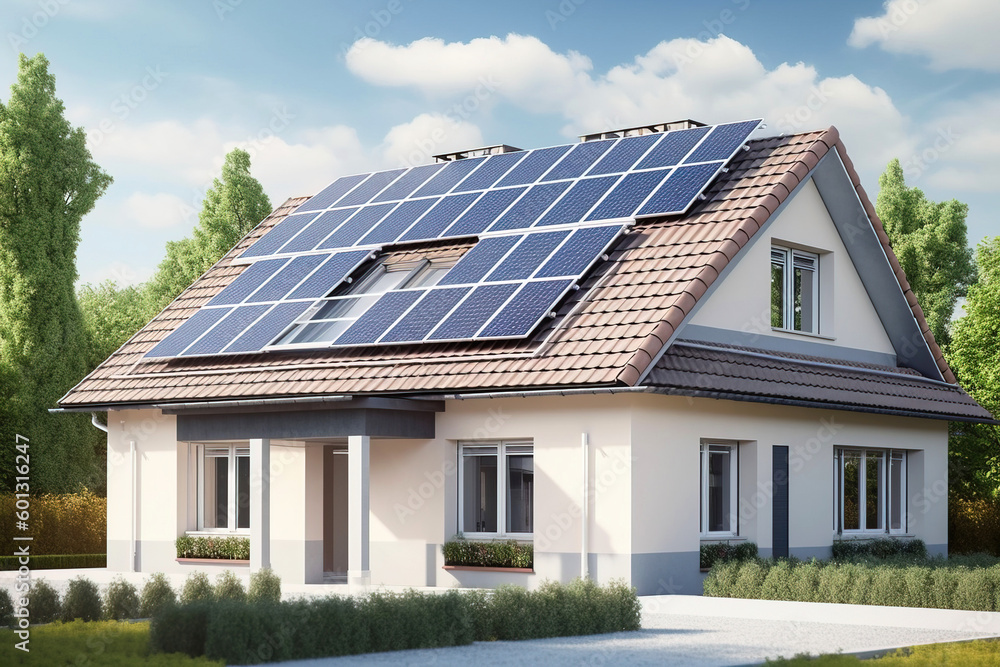 Modern white house with a garden and solar panels on the roof against the blue sky. AI generated. Modern white house with a garden and solar panels on the roof against the blue sky. AI generated.