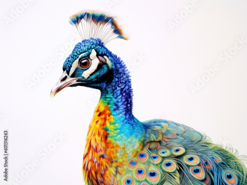 Photo of a colorful peacock on a white background