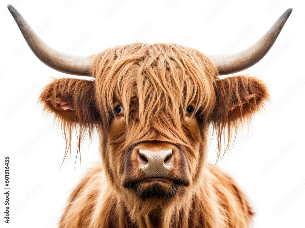 Photo of a highland cow scotland on a white background