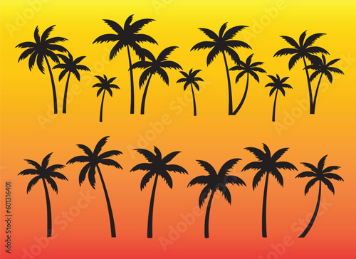 Black palm tree set sunset vector illustration on sunset background silhouette art png © Okkie Agemo Studio03