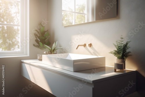 house sunlight faucet counter luxury design window modern interior bathroom sink. Generative AI.