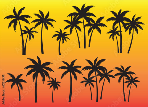 Black palm tree set sunset vector illustration on sunset background silhouette art png