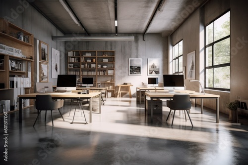 Loft-style office, large modern computers, office tables and chairs, light concrete walls and large panoramic windows. Generative AI © Georgii