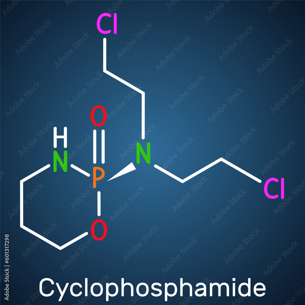Cyclophosphamide, cytophosphane, CP molecule. It is alkylating agent used in the treatment of several forms of cancer. Structural chemical formula on the dark blue background.