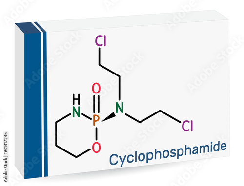 Cyclophosphamide, cytophosphane, CP molecule. It is alkylating agent used in the treatment of several forms of cancer. Skeletal chemical formula. Paper packaging for drugs.