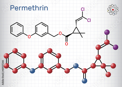 Permethrin molecule. It is insecticide and medication, used in treatment of lice infestations and scabies. Structural chemical formula, molecule model. Sheet of paper in a cage
