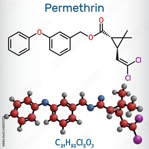 Permethrin molecule. It is insecticide and medication, used in treatment of lice infestations and scabies. Structural chemical formula, molecule model.