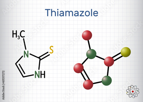 Thiamazole, methimazole molecule. It is hyperthyroidism drug. Structural chemical formula and molecule model. Sheet of paper in a cage.