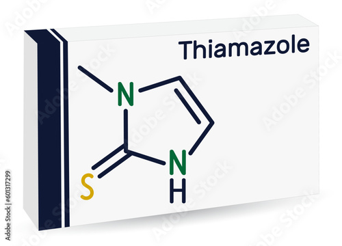 Thiamazole, methimazole molecule. It is hyperthyroidism drug. Skeletal chemical formula. Paper packaging for drugs.