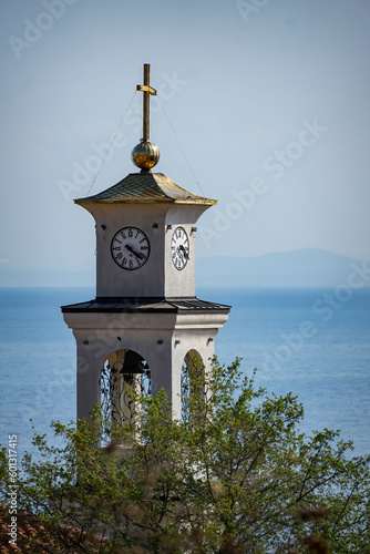 Church of St. Vlas View of the bell tower on Sea background, Sveti Vlas Bulgaria