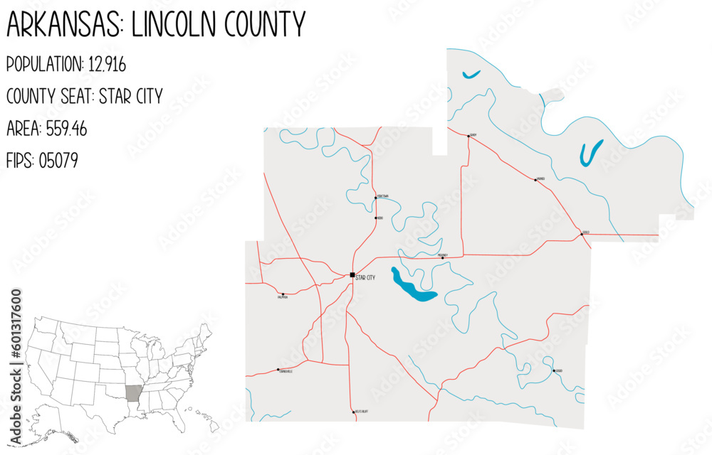 Large and detailed map of Lincoln County in Arkansas, USA.