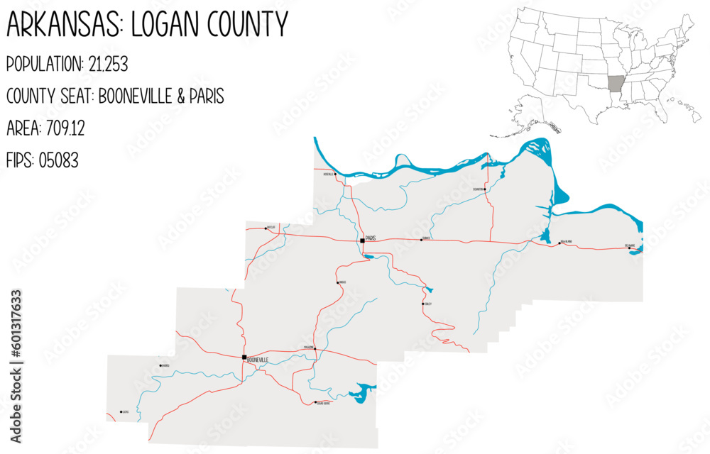 Fototapeta premium Large and detailed map of Logan County in Arkansas, USA.