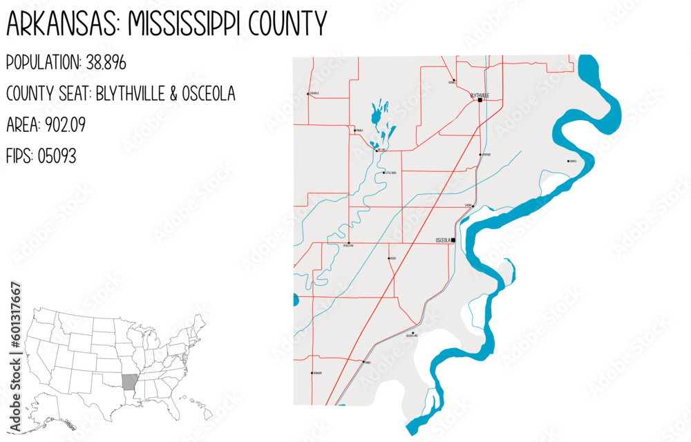 Large and detailed map of Mississippi County in Arkansas, USA.