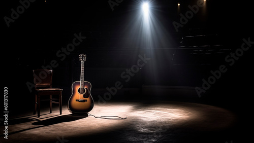 Acoustic guitar on a stage in a dark room with a spotlight. Music concept. photo