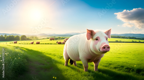 a portrays a country pig, perfectly at home in the serene countryside