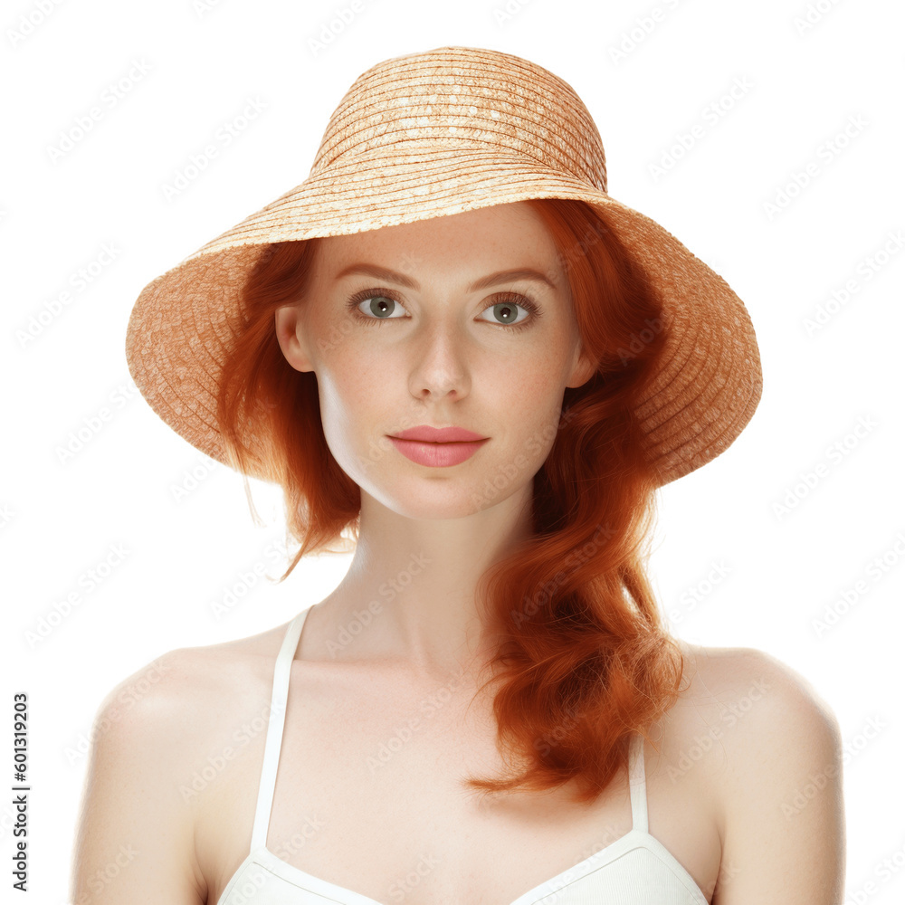 Portrait of a young, attractive, red haired woman wearing bikini and straw hat. Isolated on transparent background, no background. Portrait of a young, attractive, red haired woman wearing bikini and straw hat. Isolated on transparent background, no background.