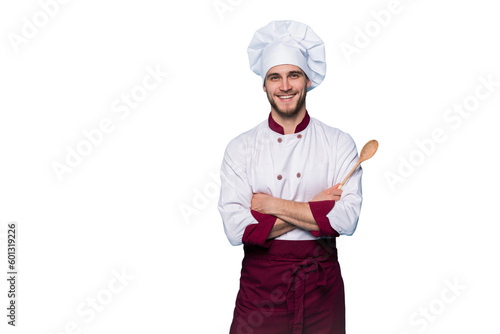 Portrait of positive toothy chef cook in beret, white outfit having tools in crossed arms looking at camera