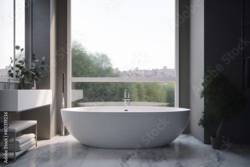 room interior tub white apartment marble window design home indoor house. Generative AI. © VICHIZH