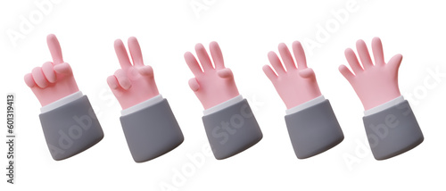 Set of sign language illustrations. Ordinal numerals. Non verbal communication. 3d signs with gestures. Counting on fingers from 1 to 5. Male hand showing numbers on fingers