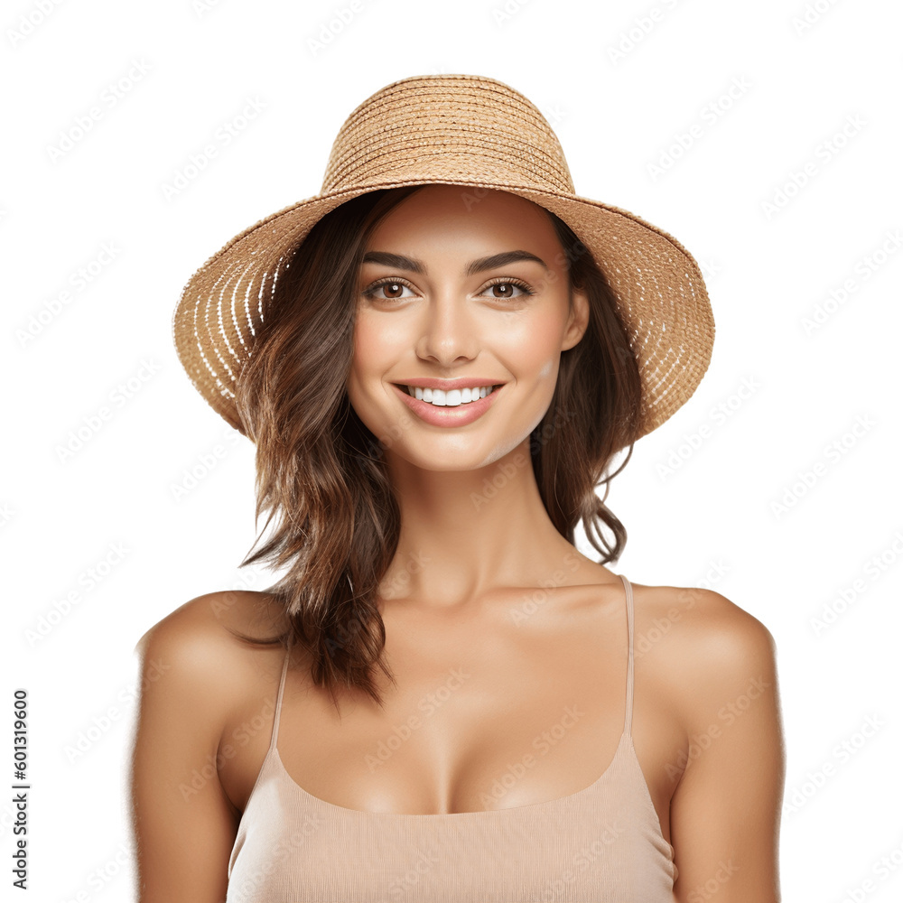 Portrait of a young, attractive, brunette woman wearing bikini and straw hat. Isolated on transparent background, no background. Portrait of a young, attractive, brunette woman wearing bikini and straw hat. Isolated on transparent background, no background.