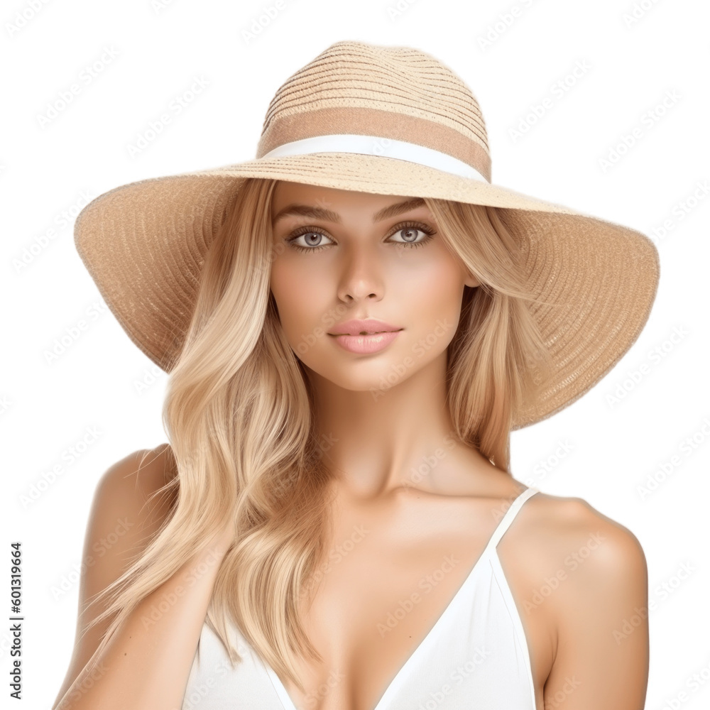 Portrait of a young, attractive, blond woman wearing bikini and straw hat. Isolated on transparent background, no background. Portrait of a young, attractive, blond woman wearing bikini and straw hat. Isolated on transparent background, no background.