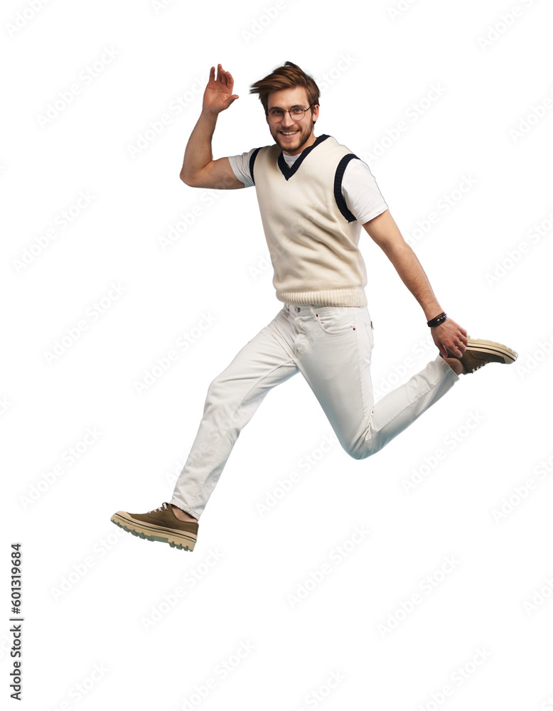 Full length portrait of an excited young man in white t-shirt jumping while celebrating success isolated over transparent background Full length portrait of an excited young man in white t-shirt jumping while celebrating success isolated over transparent background