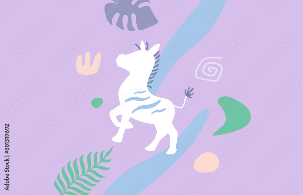 Abstract hand drawn cute zebra purple pastel background. Suitable for nature animal card and poster concept.