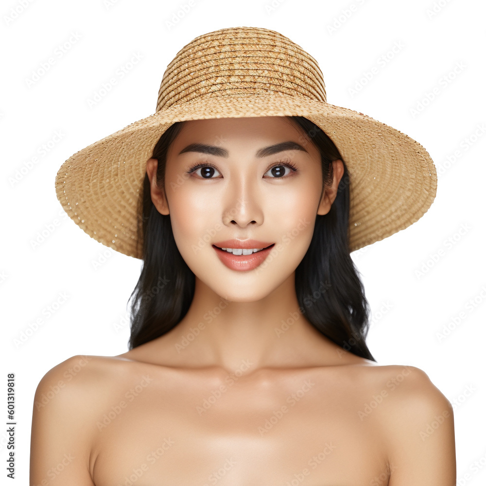 Portrait of a young, attractive, asian woman wearing bikini and straw hat. Isolated on transparent background, no background.