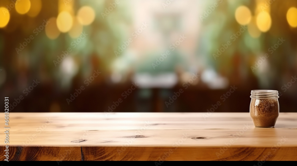 Empty wood table top on blur bakery shop or cafe restaurant with abstract bokeh background. Generative Ai