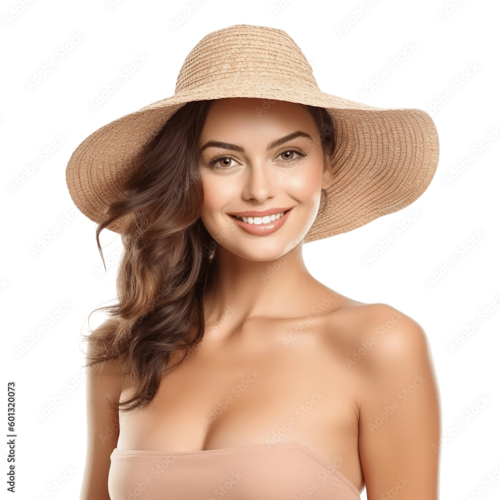 Portrait of a young, attractive, brunette woman wearing bikini and straw hat. Isolated on transparent background, no background. Portrait of a young, attractive, brunette woman wearing bikini and straw hat. Isolated on transparent background, no background.