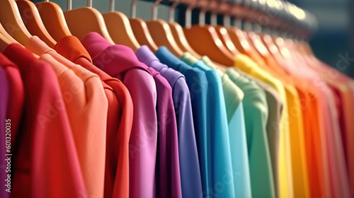 Rainbow colors, clothes on wooden hangers. Generayive Ai