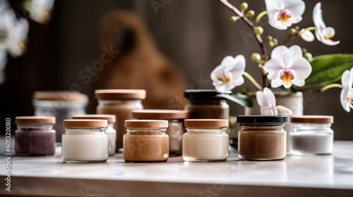 Natural organic eco cosmetics in open jars with blooming cherry flowers, beauty and SPA theme. Cosmetic containers with cream or lotion, natural ingredients, face care concept. Generative Ai