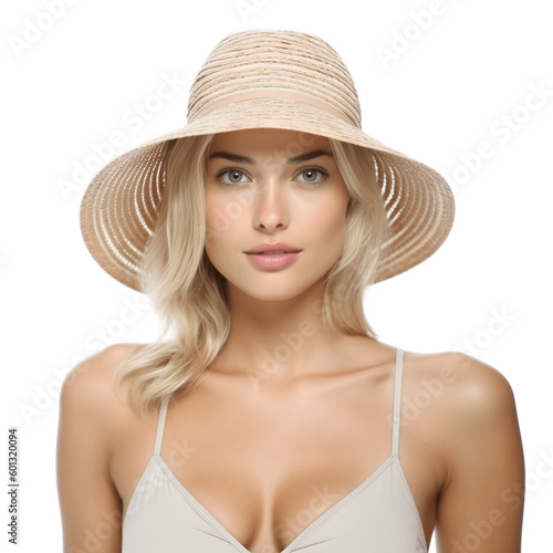 Portrait of a young, attractive, blond woman wearing bikini and straw hat. Isolated on transparent background, no background.