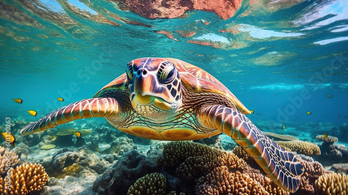 sea turtle close up over coral reef in hawaii. ai generative.