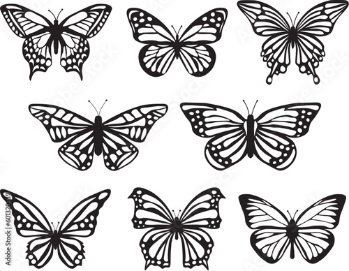 set of butterflies silhouette isolated Collection of silhouettes of butterflies collection. y2k