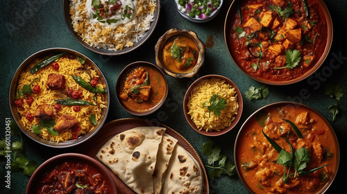 Top view of assorted indian curry and rice dishes. Generative Ai