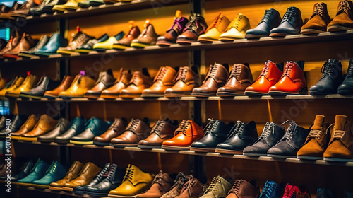 Assortment of shoes on the showcase of a shoe store. Generative Ai