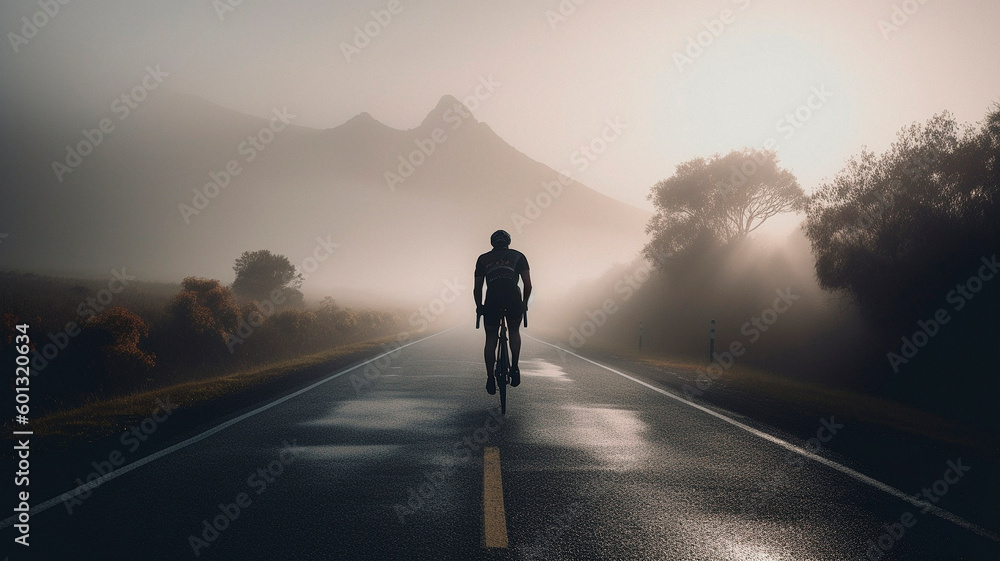 a cyclist rides towards the dawn. High quality Generative AI