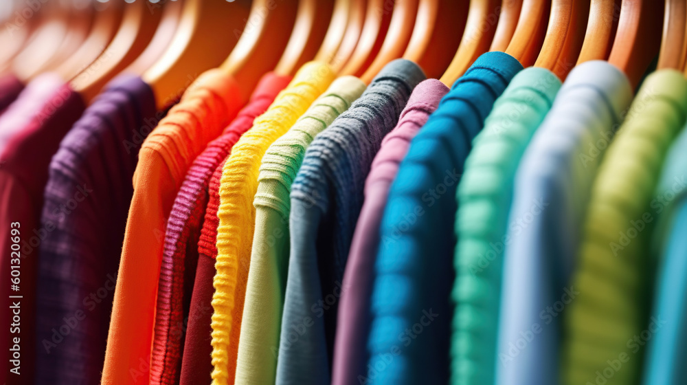 Rainbow colors, clothes on wooden hangers Stock Photo by