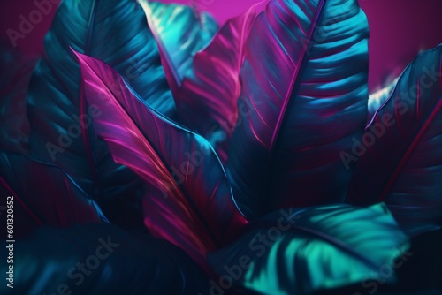 jungle exotic leaf night art plant background purple bright tropical neon. Generative AI. © VICHIZH