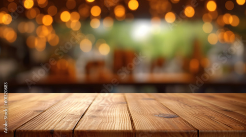 Empty wood table top on blur bakery shop or cafe restaurant with abstract bokeh background. Generative Ai