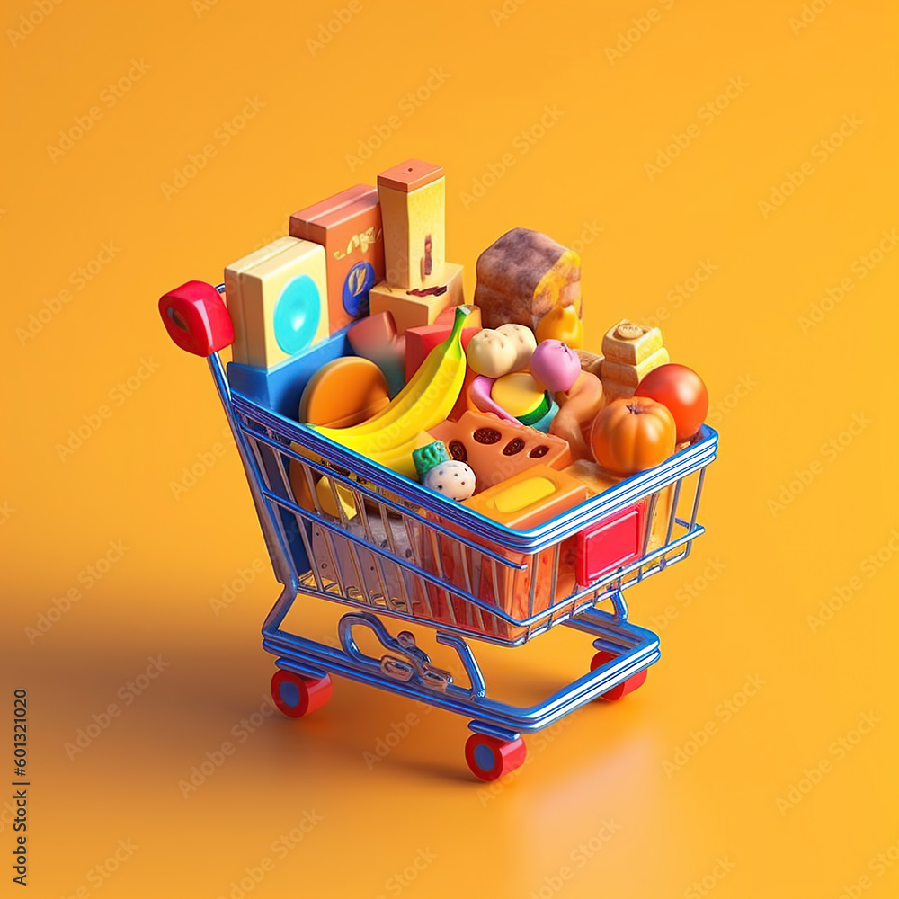 Supermarket trolley cart with fresh products and red handle. 3d Realistic grocery cart. Shopping