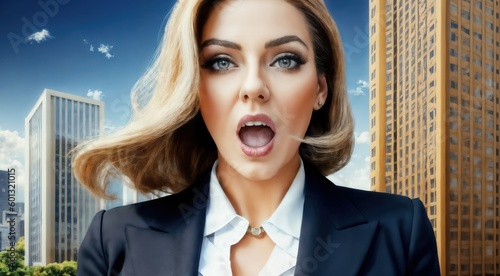 a fictional business woman with a surprised look on her face in front of a cityscape with skyscrapers and clouds, AI Generated,  photo