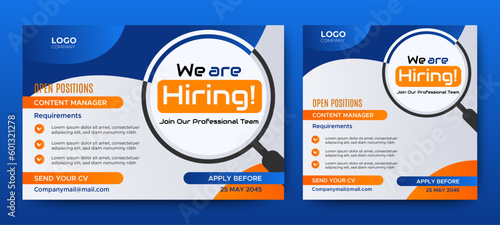 Creative social media post feed design. We are hiring banner, poster, announcement job for company	