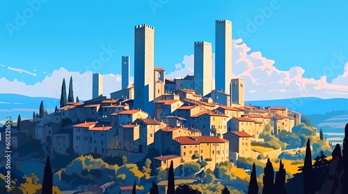 Illustration of beautiful view of San Gimignano, Italy photo